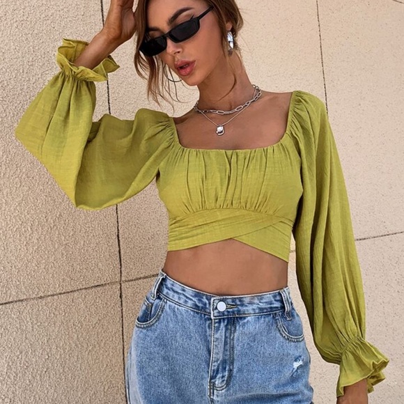 Square Neck Flounce Sleeve Tie Back Crop Milkmaid Blouse - Picture 3 of 3